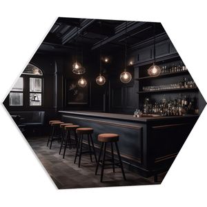 PVC Schuimplaat Hexagon - Bar - Krukken - Tafels - Stoelen - Planten - Drank - Flessen - Zwart - 80x69.6 cm Foto op Hexagon (Met Ophangsysteem)