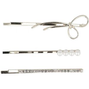 Haarsoires Haarspeld schuifspeldjes - Strikje parel steentjes 6cm - Zilver - Set van 3 - Haarklem - Haarclip - Haaraccessoires voor Dames & Kinderen - Hair Clip - Decoratieve Haaraccessoire