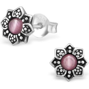 Aramat jewels ® - Aramat jewels oorbellen bloem cat eye 925 zilver 7mm donker roze