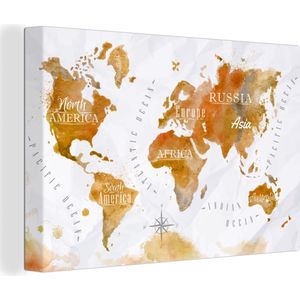 Canvas Wereldkaart - 90x60 - Wanddecoratie Wereldkaart - Bruin - Verf