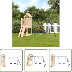 The Living Store Houten Speelset - Speeltoren 314x186x214 cm - 90 cm hoog platform - Dubbele schommelset - Massief grenenhout