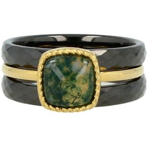 My Bendel Ringenset met Moss Agate - Goudkleurig en zwart keramiek - Goudkleurige ringenset met zwart keramiek en Moss Agate edelsteen - Stijlvol en uniek - 1 jaar garantie - Met luxe cadeauverpakking
