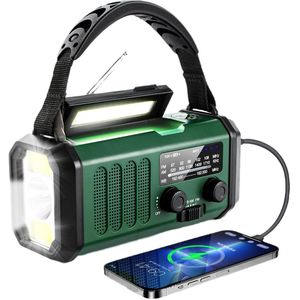 QTTVBTNA - Noodradio - AM/FM Ontvangst - 10000mAh - Zaklamp & Leeslamp - Solar/Opwindbaar/USB - Buiten draagbaar - Betrouwbare noodstroom - Groen - 1 stuk