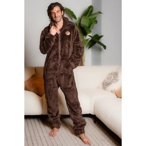 Heren Knuffle Fleece Onesie® | Warme onesie huispak jumpsuit voor mannen | Superzacht & comfortabel | Premium kwaliteit | Duurzaam & CO₂-neutraal geproduceerd in Portugal | Bruin maat M