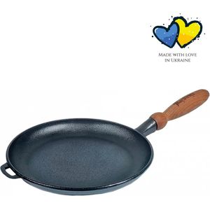 MAYSTERNYA Pannenkoekenpan Gietijzer met Houten Handvat - ø 22 x 2,5 cm - Gietijzeren Pan voor alle warmtebronnen - Crepe Pan - Ontbijt - Gezond Koken - Hittebestendig Handvat - Hoogwaardig Gietijzer - Keuken Essentials - Cadeau - PFAS vrij - Zwart