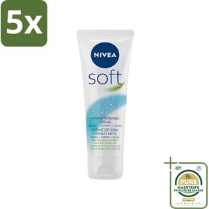 5 x Nivea - Soft Crème - Tube - Hydraterend - 75 ml - Grootverpakking - Hydraterende Crème - Huid Verzorging - Droge Huid - Vitamine E - Jojoba-olie