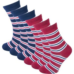 6 Paar kindersokken - Gestreept - Blauw/Rood Maat 23-26