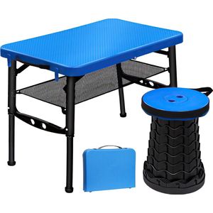 Draagbare opvouwbare tafel - met opvouwbare kruk - in hoogte verstelbare kleine tafel en telescopische kruk - campingtafel, inklapbare tuintafel - voor reizen, picknicken, vissen, wandelen, binnen - blauw