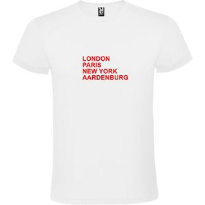 Wit T-Shirt met “ LONDON, PARIS, NEW YORK, AARDENBURG “ Afbeelding Rood Size M