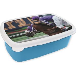 Broodtrommel Blauw - Lunchbox - Brooddoos - Paard - Racebaan - Sport - 18x12x6 cm - Kinderen - Jongen