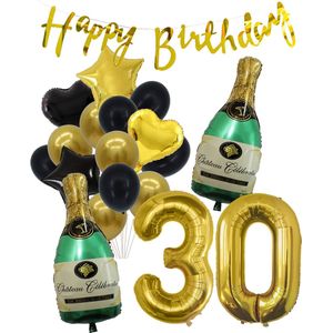 30 Jaar Verjaardag Cijferballon 30 - Feestpakket Snoes Ballonnen Pop The Bottles - Zwart Goud Groen Versiering