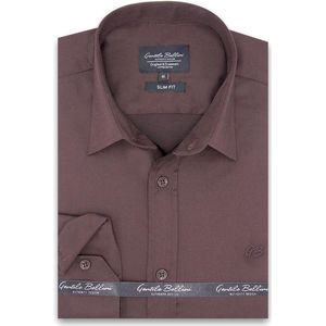 Heren Overhemd - Slim Fit - Luxury Plain Satijn - Bruin - Maat S