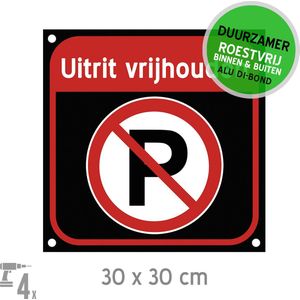 Pictogram/ bord Dibond + boorgaten | ""Uitrit vrijhouden"" | 30 x 30 cm | Zwart/ rood | Inrit | Doorgang | 1 stuk
