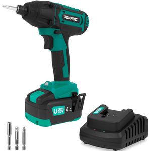 VONROC Accu Slagschroevendraaier 20V – 180Nm – Opname: 6,35 mm ¼” - Incl. Schroefbits, mag-netische bithouder en dophouder - Incl. 4.0Ah Accu en Snellader
