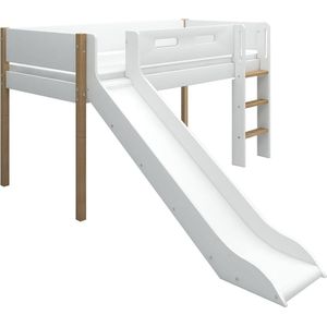 Flexa Bed NOR - Halfhoogslaper m. glijbaan - Wit en Eiken - 200x90 - MDF, Massief eiken en Berken Multiplex