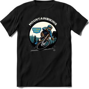 Mountainbiking | TSK Studio Mountainbike kleding Sport T-Shirt | Blauw - Oranje | Heren / Dames | Perfect MTB Verjaardag Cadeau Shirt Maat S
