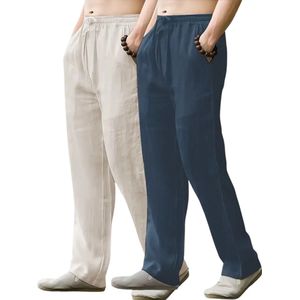 Bovista Linnen Broek Heren - Zomerbroek - Volwassenen - Lange Broek - Pantalon - Strandbroek - Zomer - Ibiza Stijl - 2 Stuks Beige & Marineblauw - Maat S