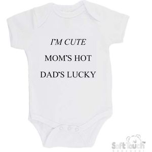 100% katoenen Romper ""I'm cute Mom's hot Dad's lucky"" Unisex Katoen Wit/zwart Maat 62/68