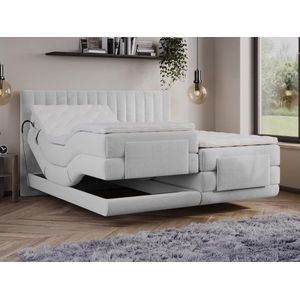 Vente-unique Set boxspringbed met hoofdbord en verticale stiksels + elektrische relaxbedbodems + matras + dekmatras - 2 x 90 x 200 cm - Velours - Lichtgrijs - DONISI van PALACIO L 215 cm x H 118 cm x D 188 cm