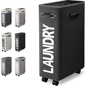 Wasmand met Wieltjes 45L Extra Smal Inklapbare Wasmand met Wielen Opvouwbare Dunne Wasmand met Handvat Praktische Opbergboxvoor Slaapkamers en Wasruimte (Zwart o2)