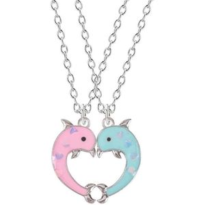 Kasey Vriendschapsketting - BFF ketting voor 2 - Dolfijnen - Roze/Blauw met hartjes