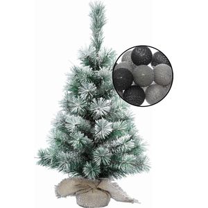 Kleine kunst kerstboom besneeuwd -incl. verlichting bollen zwart/grijs- H60 cm