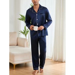 pyjama set satijn blauw heren lange broek lange mouwen nachtkleding