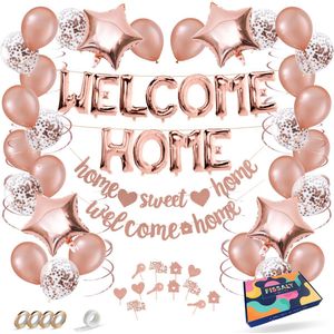 Fissaly Welkom Thuis Rose Goud Versiering – Welcome Home Decoratie - Suprise Party – Inclusief Ballonnen, Slingers, Vlaggenlijn, Caketoppers & Accessoires