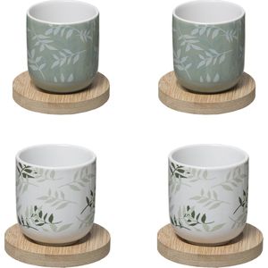 Secret de gourmet koffie of thee kopjes set 4 stuks met onderzetter van bamboe - Groen - 13 cl - In cadeaudoosje