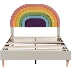 Merax Gestoffeerd Kinderbed 140x200 cm - Tweepersoonsbed met Lattenbodem - Bed met Verstelbaar Regenboog Hoofdbord - Beige