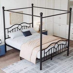 Sweiko Tweepersoonsbed, Hemelbed, Frans minimalistisch design, Metalen frame, Zwart, 140x200cm