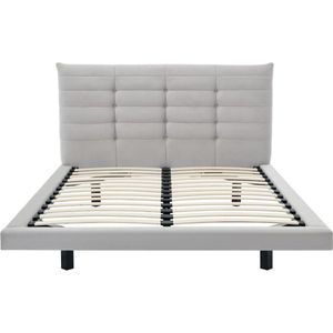 Vente-unique Bed 140 x 190 cm met hoofdbord met capitons - Velours - Grijs - NISATIO L 146 cm x H 107 cm x D 208 cm