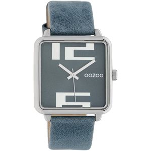 OOZOO Timepieces - Zilverkleurige horloge met donker blauwe leren band - C10361