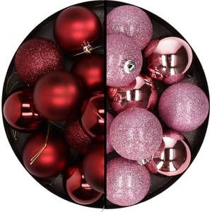 24x stuks kunststof kerstballen mix van donkerrood en roze 6 cm - Kerstversiering