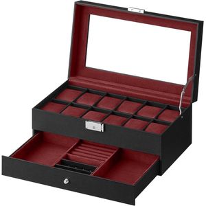 Horlogebox met glazen deksel - 2 niveaus - 12 uur - afsluitbaar - 1 lade - ringen armbanden - cadeau-idee - zwart - wijnrood JWB012R01