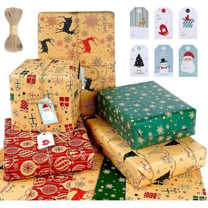 Kerst Cadeau Inpakpapier Set van 10 Stuks - Gerecycled Kraftpapier met Jute Touw en Kersttags