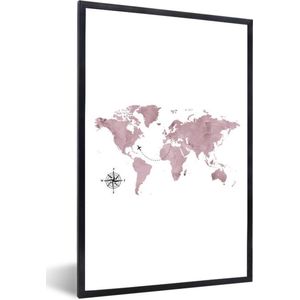 Fotolijst incl. Poster - Wereldkaart - Roze - Vliegtuig - 60x90 cm - Posterlijst