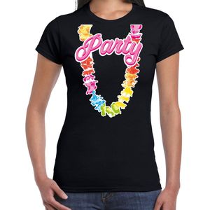 Bellatio Decorations Tropical party T-shirt voor dames - bloemenkrans - zwart - carnaval/themafeest S