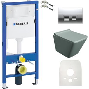 Inbouwreservoir Complete Toiletset Geberit Duofix Basic - Inbouw WC Hangtoilet Wandcloset LAGO GREY Grijs Mat - Bedieningsplaat DELTA Chroom Vierkant - Voorwandelement - Installatiesysteem