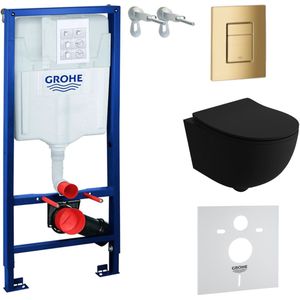 Inbouwreservoir Complete Toiletset Grohe Solido 39069000 - Inbouw WC Hangtoilet Wandcloset Brava Black Zwart Mat - Bedieningsplaat Skate Cosmopolitan 38732GL0 Gouden - Voorwandelement