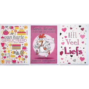 3 Wenskaarten - SARAH + Heel veel liefs + Van Harte Gefeliciteerd - 12 x 17 cm