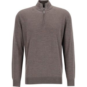 Profuomo - Slim Fit Trui - Taupe - Korte Rits - 100% Wol