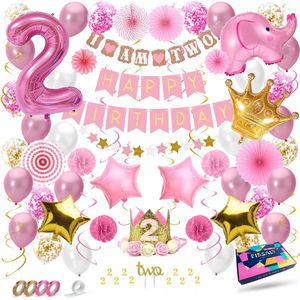 Fissaly Kind 2 Jaar Verjaardag Versiering Meisje XXL – Happy Birthday Decoratie Incl. Ballonnen – Roze