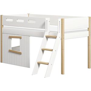 Halfhoogslaper, schuine ladder en boomhut bedfronten, eiken frame