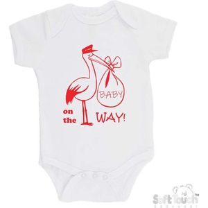 100% katoenen Romper Aankondiging Zwangerschap ""Baby on the way""! 2.0"" Ooievaar Meisjes Katoen Wit/rood Maat 56/62