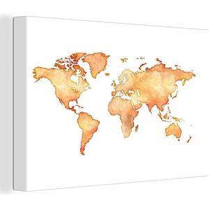 Canvas Wereldkaart - 60x40 - Wanddecoratie Wereldkaart - Oranje - Waterverf