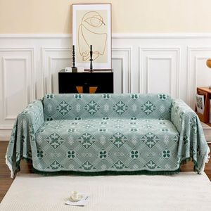 Grote banksprei voor 3-zitsbank met decoratieve kwastjes, dubbelzijdige bankhoes banksprei voor bank en bed, ruitpatroon met bladeren en bloemen - groen, 180 x 300 cm