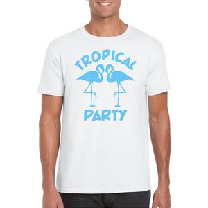 Bellatio Decorations Tropical party T-shirt heren - met glitters - wit/blauw - carnaval/themafeest M