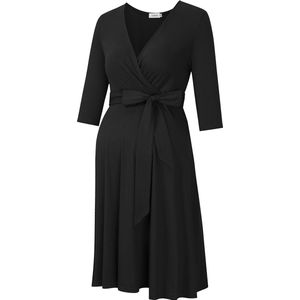 Zwangerschapsjurk Voor Vrouwen, Zwangerschapsjurk Voor Zwangere Vrouwen, Voedingsjurk Met V-Hals, Lange Mouwen En Tailleband Zwart S