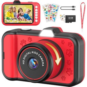 Usteetic Kindercamera, 3,5 inch (8,9 cm) groot scherm, kindercamera met 360° draaibare zoomlens, led-flits, 32 GB TF-kaart, 1080p digitale camera voor kinderen, cadeau voor 3-12 jaar